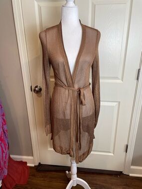 WHBM Sheer Knit Tie-Waist Cardigan in copper Brown medium